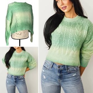Love Tree Pistachio Ombre Oversized Cropped Cable Knit Sweater‎ - L